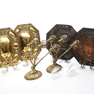 Three pairs of brass and bronze wall sconces, 18th C.