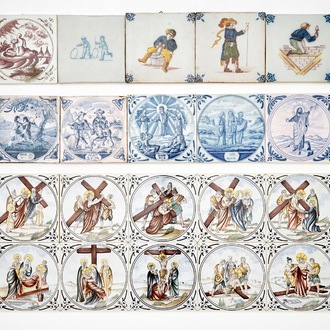 A collection of various tiles, mostly Dutch, incl. religious scenes, 18/20th C.