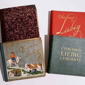 A collection of chromolithography advertising trade cards in 4 albums, mostly Liebig, 19/20th C.