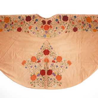 A salmon silk matador cape with embroidered floral design, Spain, 1st half 20th C.