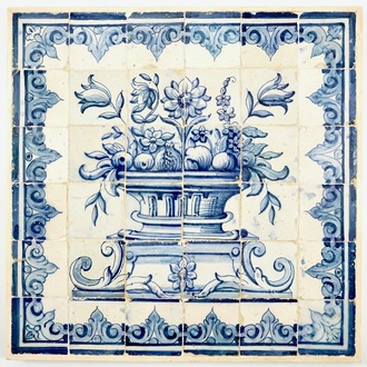 A large Portuguese blue and white tile mural with a flower vase, prob. Lisbon, 17/18th C.