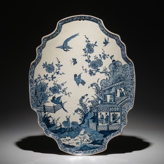 A large Dutch Delft blue and white chinoiserie plaque, 18th C.