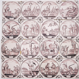 Een veld van 16 mangane Delftse tegels met bijbels decor in medaillon, 19e eeuw