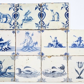 Eleven various Dutch Delft blue and white tiles with seacreatures and animals, 17/18th C.