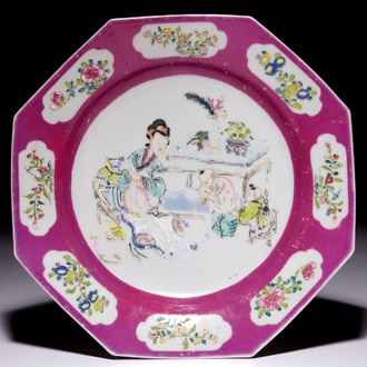 A Chinese famille rose octagonal ruby border plate with figures, Yongzheng