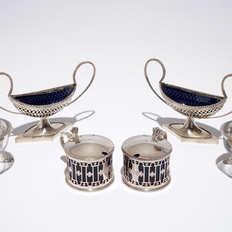 Two pairs of silver salvers and a pair of mustard jars, 19/20th C.