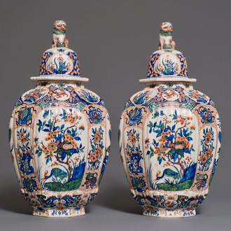 A pair of large Delft style cashmire palette covered vases, France, 19th C.