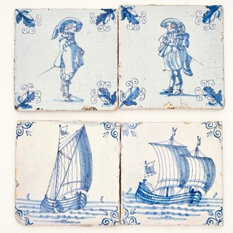 Four Dutch Delft blue and white tiles with soldiers and ships, 17th C.