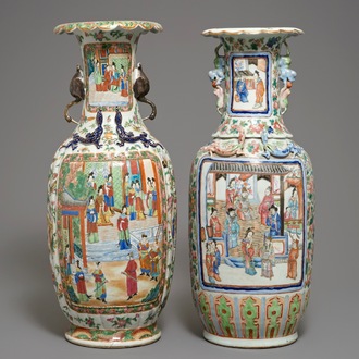 Two large Chinese famille rose vases with figurative design, 19th C.