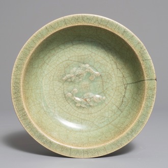 A Chinese Longquan celadon twin fish dish, Song