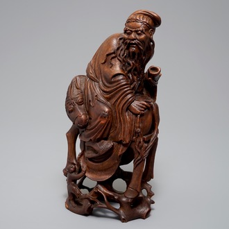 A large Chinese bamboo figure of a sage on horseback, Qing