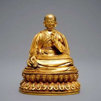 A Sino-Tibetan gilt bronze figure of a Dalai Lamai, 19/20th C.