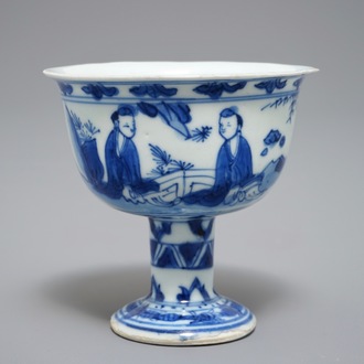 A Chinese blue and white stem cup, Ming, Chongzhen