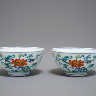 A pair of Chinese doucai bowls, Daoguang mark, 20th C.