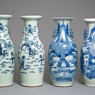 Four Chinese blue and white celadon-ground vases with Buddhist lions and landscapes, 19/20th C.