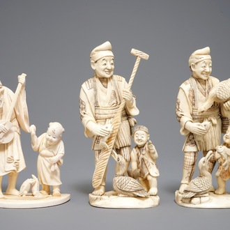 Three Japanese carved ivory okimono, Meiji, 19th C.