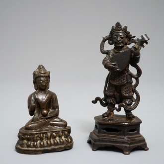 Two Chinese and Sino-Tibetan bronze figures of Buddha and of a musician, 17/18th C.