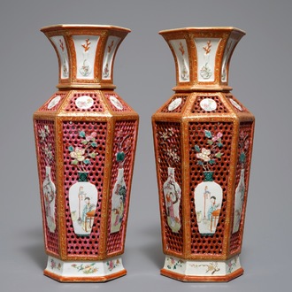 A pair of reticulated double-walled hexagonal Chinese famille rose vases, Yongzheng