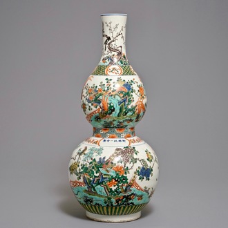 A large Chinese famille verte double gourd vase, inscribed Kangxi, 20th C.