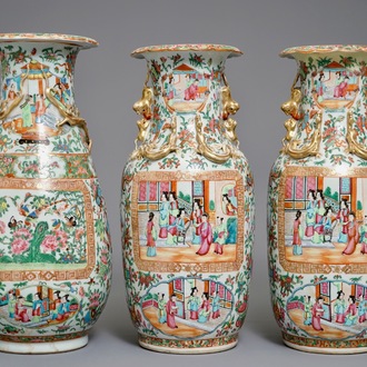 Three Chinese Canton famille rose vases, 19th C.