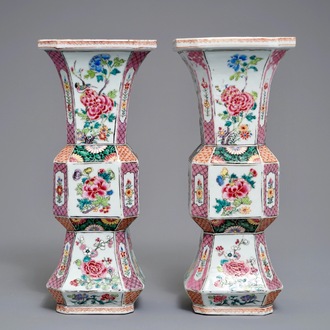 A pair of Chinese famille rose vases with floral design, Yongzheng