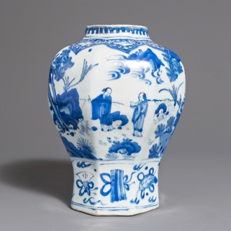 A Chinese blue and white baluster vase with figures in a landscape, Transitional period