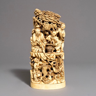 A Chinese carved ivory fishermen group, 19th C.