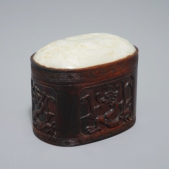 A Chinese jade top carved mahogany box, 19/20th C.