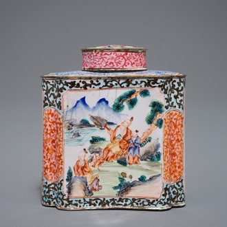 A Chinese Canton enamel tea caddy and cover, Qing