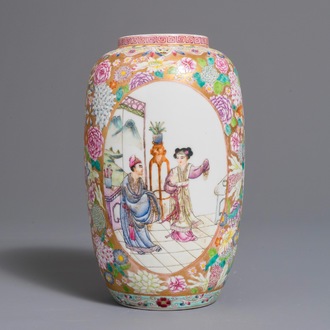 A Chinese famille rose millefleurs vase with figurative medallions, 20th C.