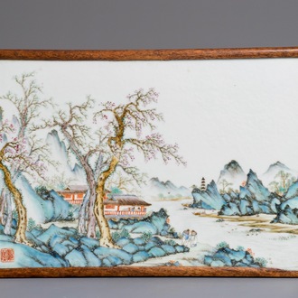 A Chinese qianjiang cai landscape plaque, seal mark, Republic, 1st half 20th C.