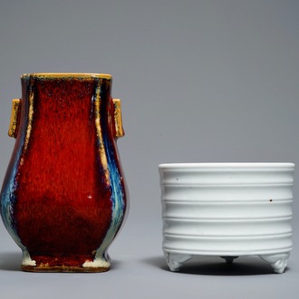 A Chinese blanc de Chine incense burner and a flambé fanghu vase, 19/20th C.