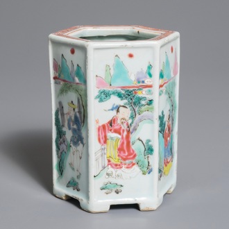 A Chinese hexagonal famille rose brush pot, Yongzheng