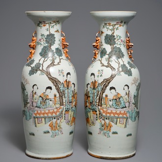 A pair of large Chinese qianjiang cai vases with ladies in a garden, 19/20th C.