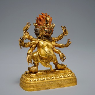 A Sino-Tibetan or Nepalese gilt bronze figure of Yamantaka, 19/20th C.