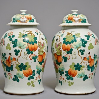 A pair of Chinese famille rose covered vases with boys among pumpkin vines, 19th C.