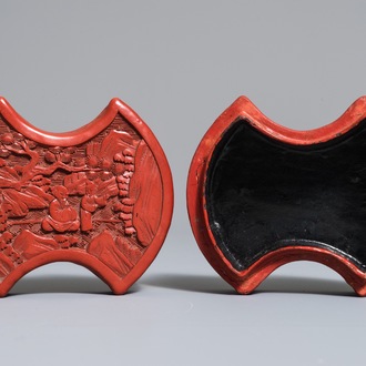 A Chinese cinnabar lacquer ingot-shaped box and cover, 18/19th C.