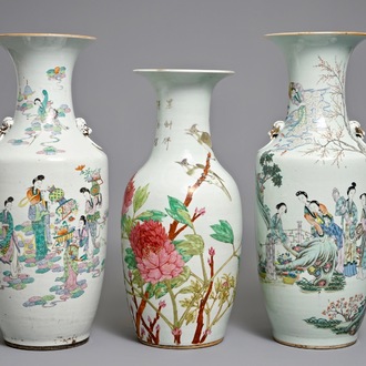 Three Chinese famille rose and qianjiang cai vases, 19/20th C.