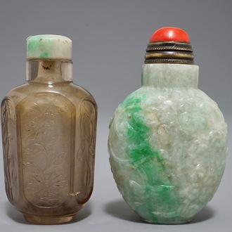 Two Chinese smoked quartz and jadeite snuff bottles, 19/20th C.