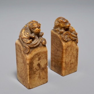 Two Chinese Shoushan stone seals with Buddhist lions, 19/20th C.