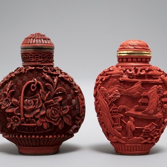 Two Chinese cinnabar lacquer snuff bottles, Qianlong marks, 19th C.