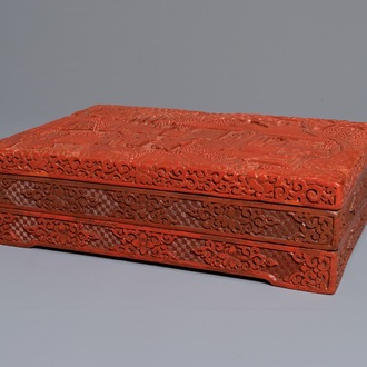 A rectangular Chinese cinnabar lacquer three-tier box and cover with figures in a garden, 19th C.