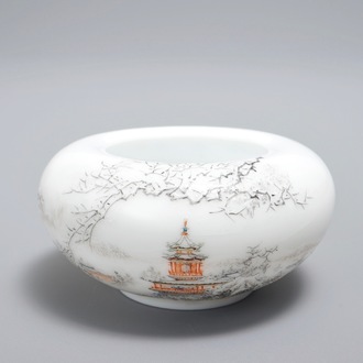 A small Chinese brush washer with a winter landscape, Republic, 20th C.