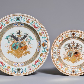 A Chinese famille rose Belgian market armorial charger, Yongzheng, and a Samson plate, 2nd half 19th C.