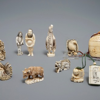 A collection of Japanese carved ivory netsuke and inro, Meiji to Showa, 19/20th C.