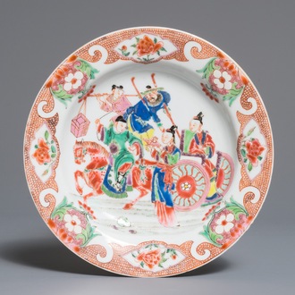 A Chinese famille rose plate with figures around a carriage, Yongzheng