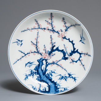 A Chinese blue, white and underglaze red dish, Xuande mark, Kangxi