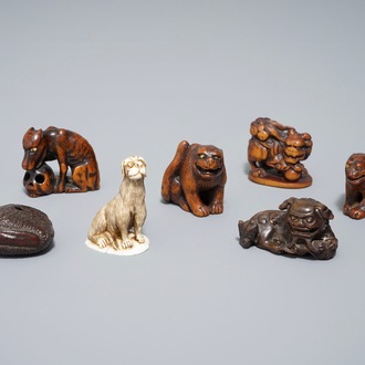 Seven Japanese carved wood and ivory netsuke and okimono, Japan, Meiji, 19/20th C.