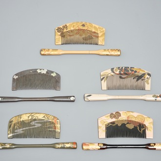 Twelve sets of Japanese lacquer Kushi combs and Kougai hair pins, Meiji, 19th C.