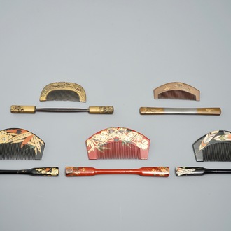 Ten sets of Japanese lacquer Kushi combs and Kougai hair pins, Meiji, 19th C.